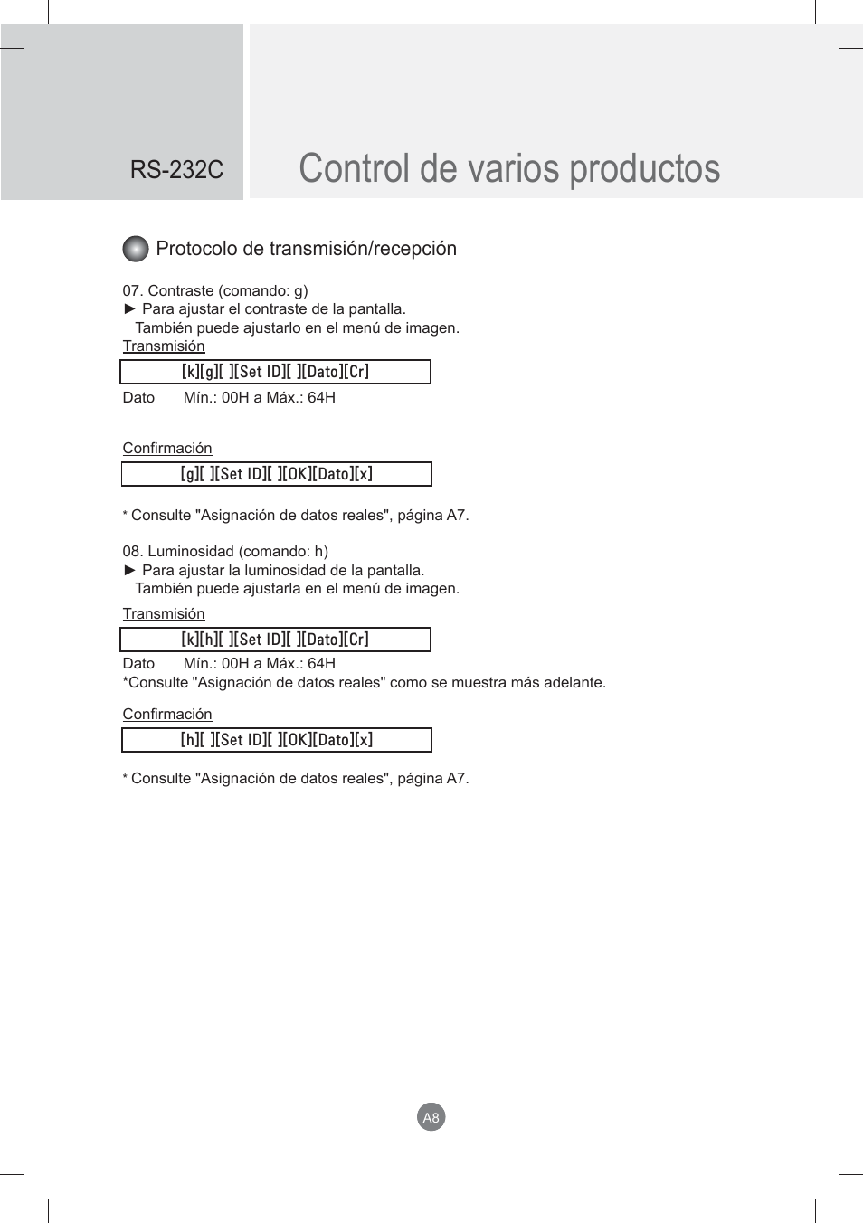 Control de varios productos, Rs-232c, Protocolo de transmisión/recepción | LG monitor-M3704CCBA User Manual | Page 61 / 88