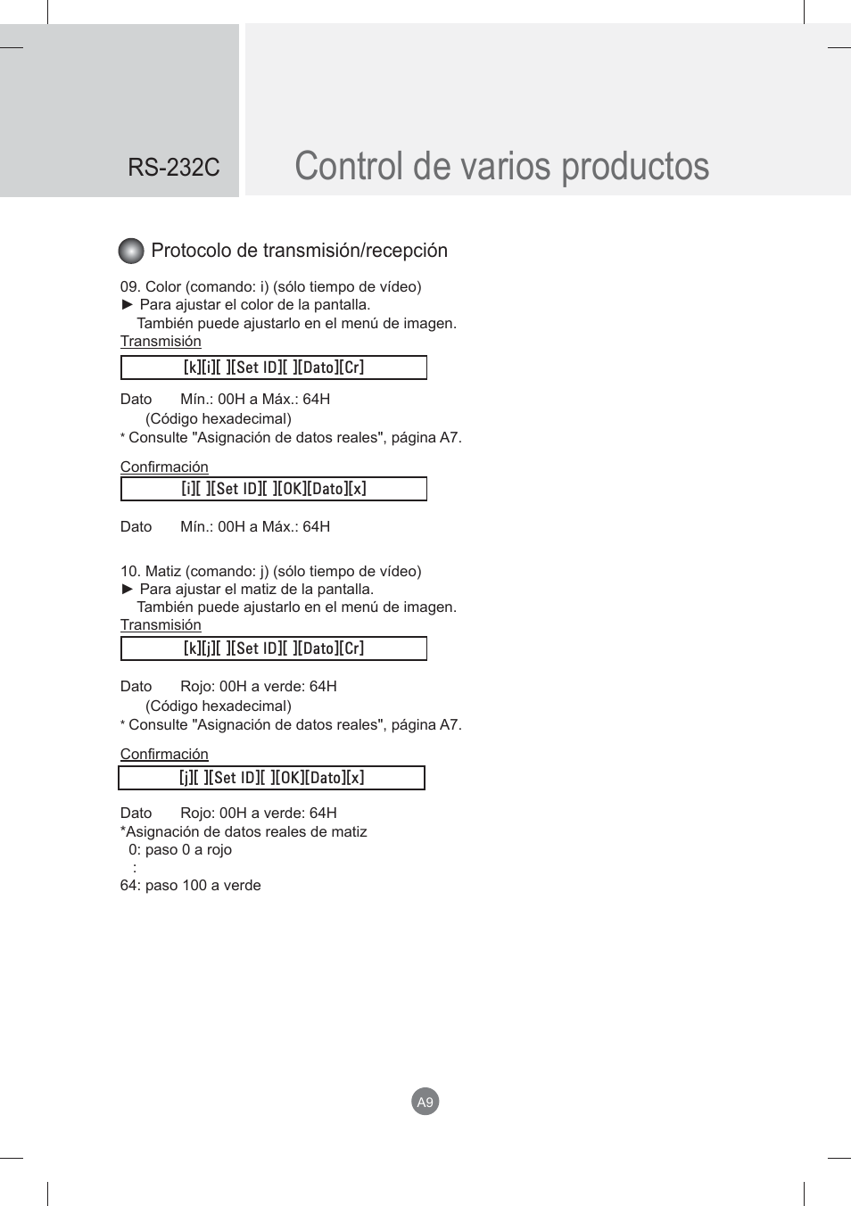 Control de varios productos, Rs-232c, Protocolo de transmisión/recepción | LG monitor-M3704CCBA User Manual | Page 62 / 88