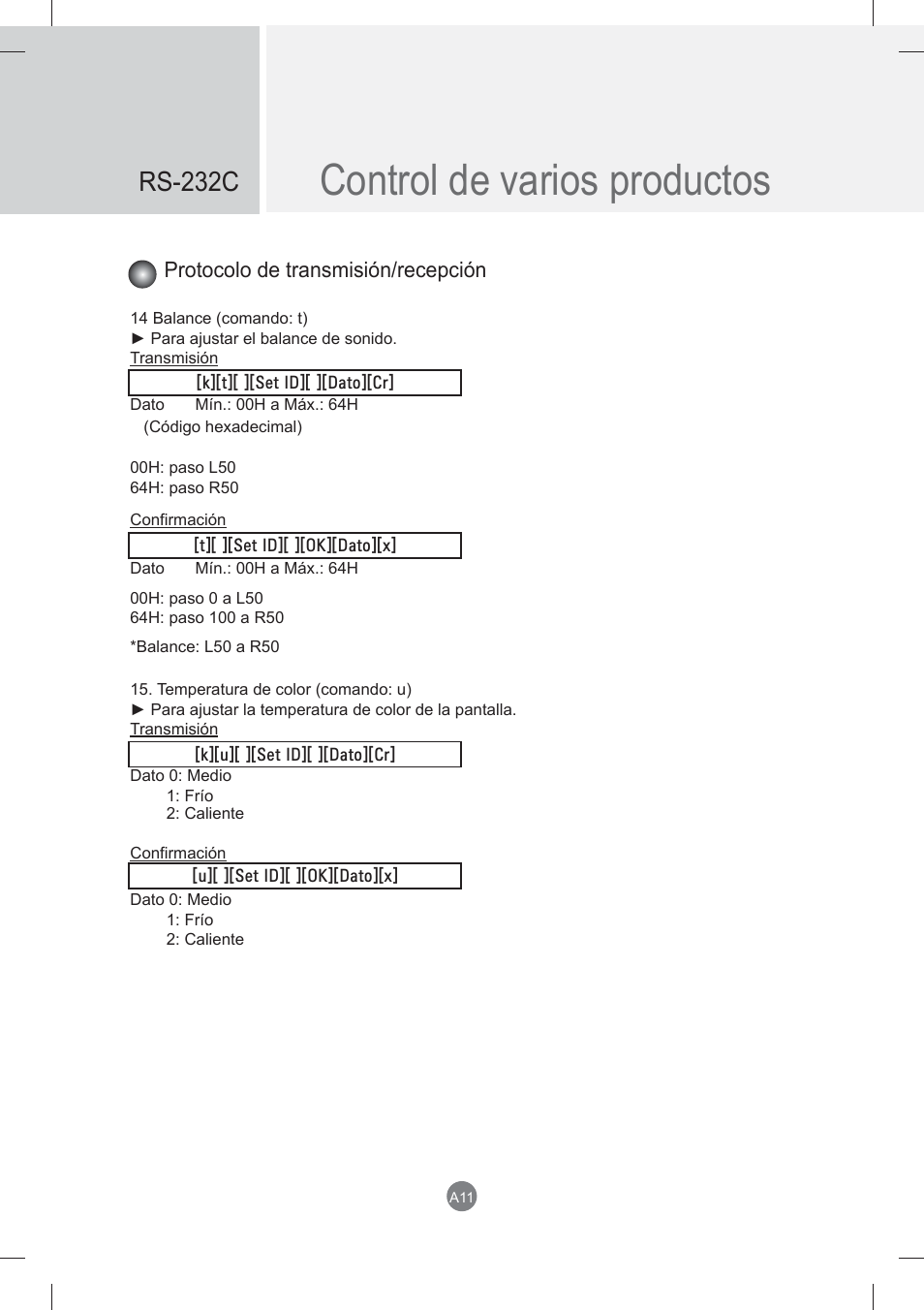 Control de varios productos, Rs-232c, Protocolo de transmisión/recepción | LG monitor-M3704CCBA User Manual | Page 64 / 88