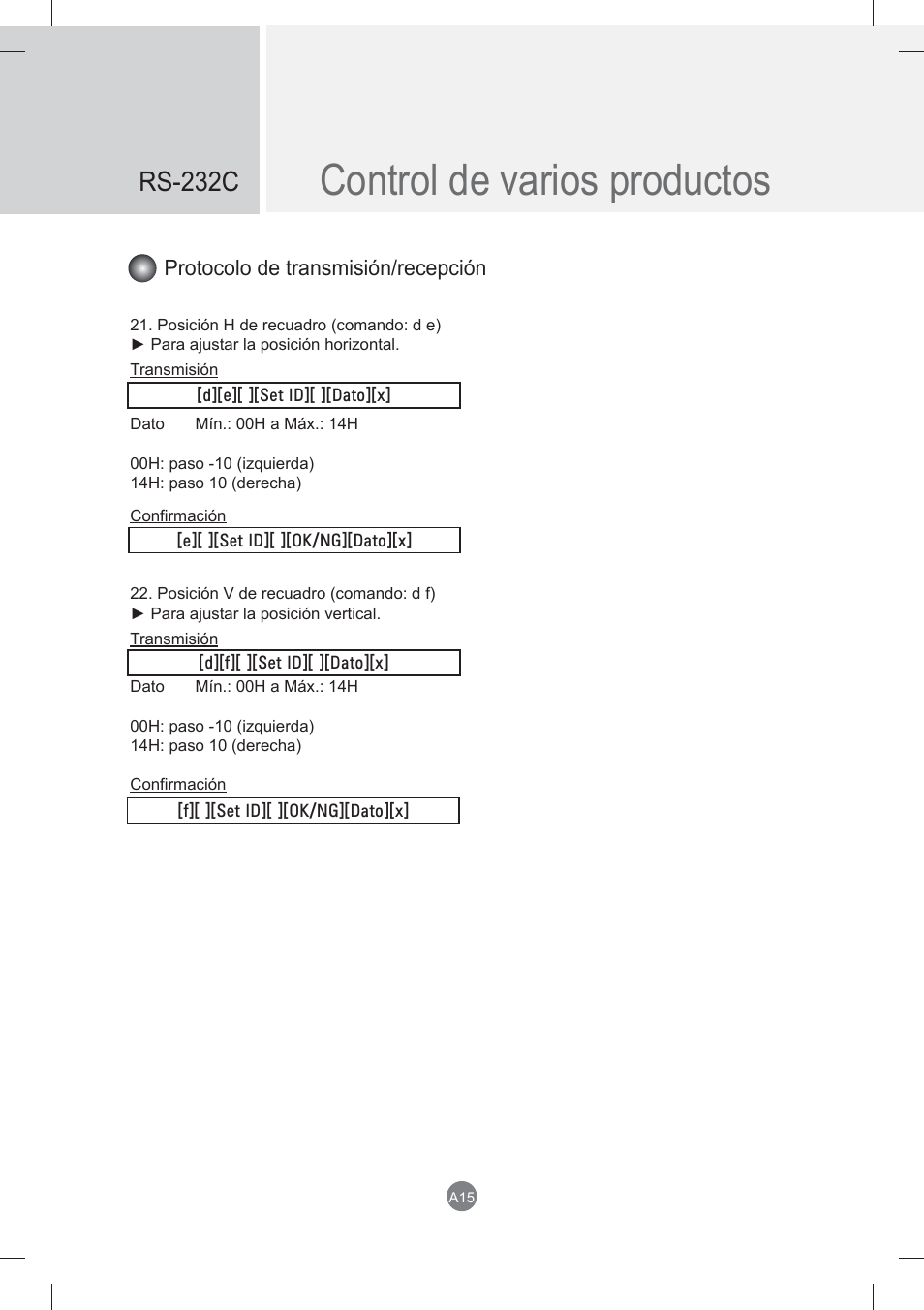 Control de varios productos, Rs-232c, Protocolo de transmisión/recepción | LG monitor-M3704CCBA User Manual | Page 68 / 88