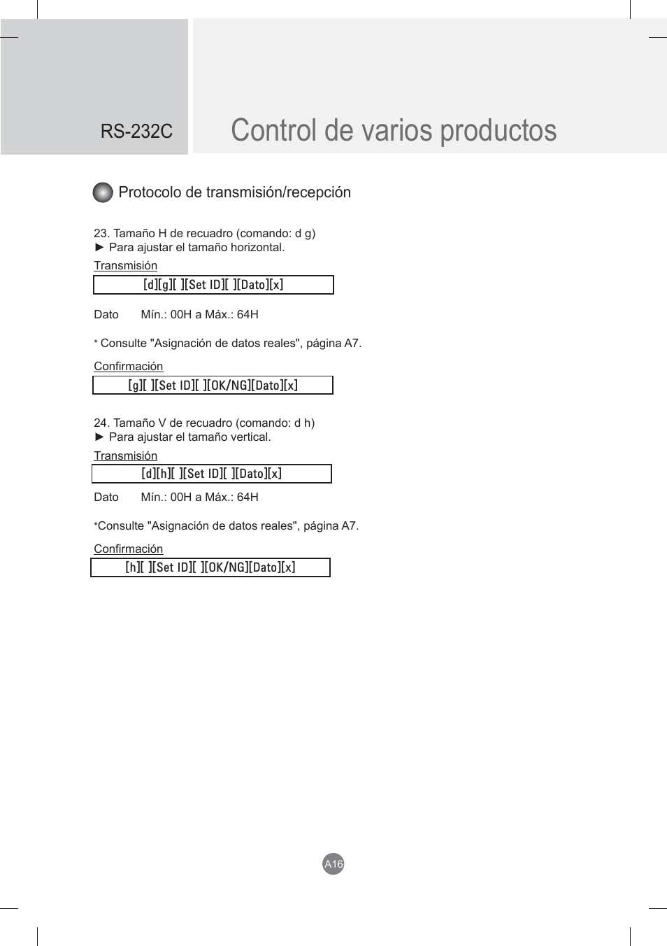 Control de varios productos, Rs-232c, Protocolo de transmisión/recepción | LG monitor-M3704CCBA User Manual | Page 69 / 88