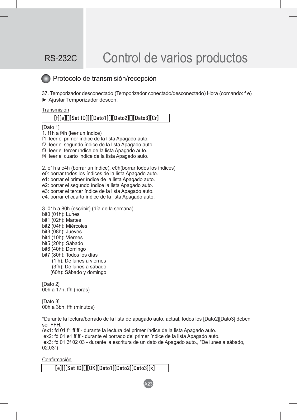 Control de varios productos, Rs-232c, Protocolo de transmisión/recepción | LG monitor-M3704CCBA User Manual | Page 76 / 88