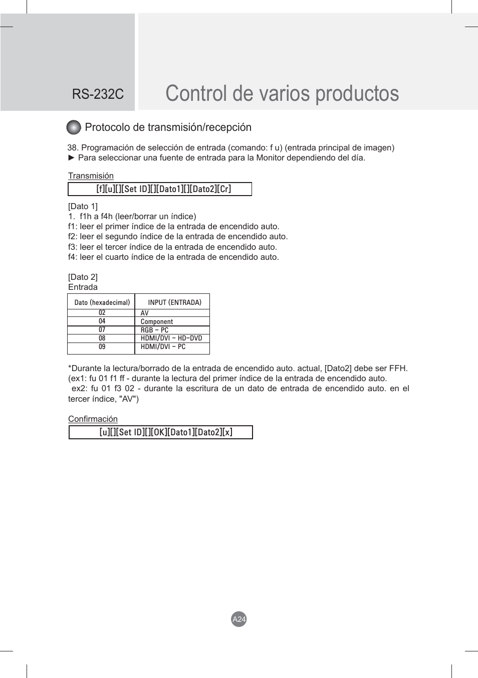 Control de varios productos, Rs-232c, Protocolo de transmisión/recepción | LG monitor-M3704CCBA User Manual | Page 77 / 88