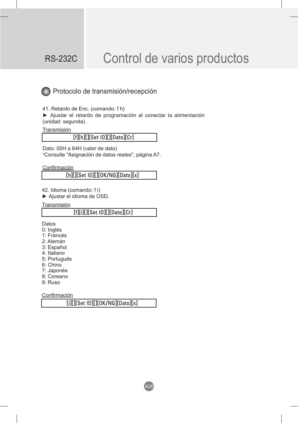 Control de varios productos, Rs-232c, Protocolo de transmisión/recepción | LG monitor-M3704CCBA User Manual | Page 79 / 88