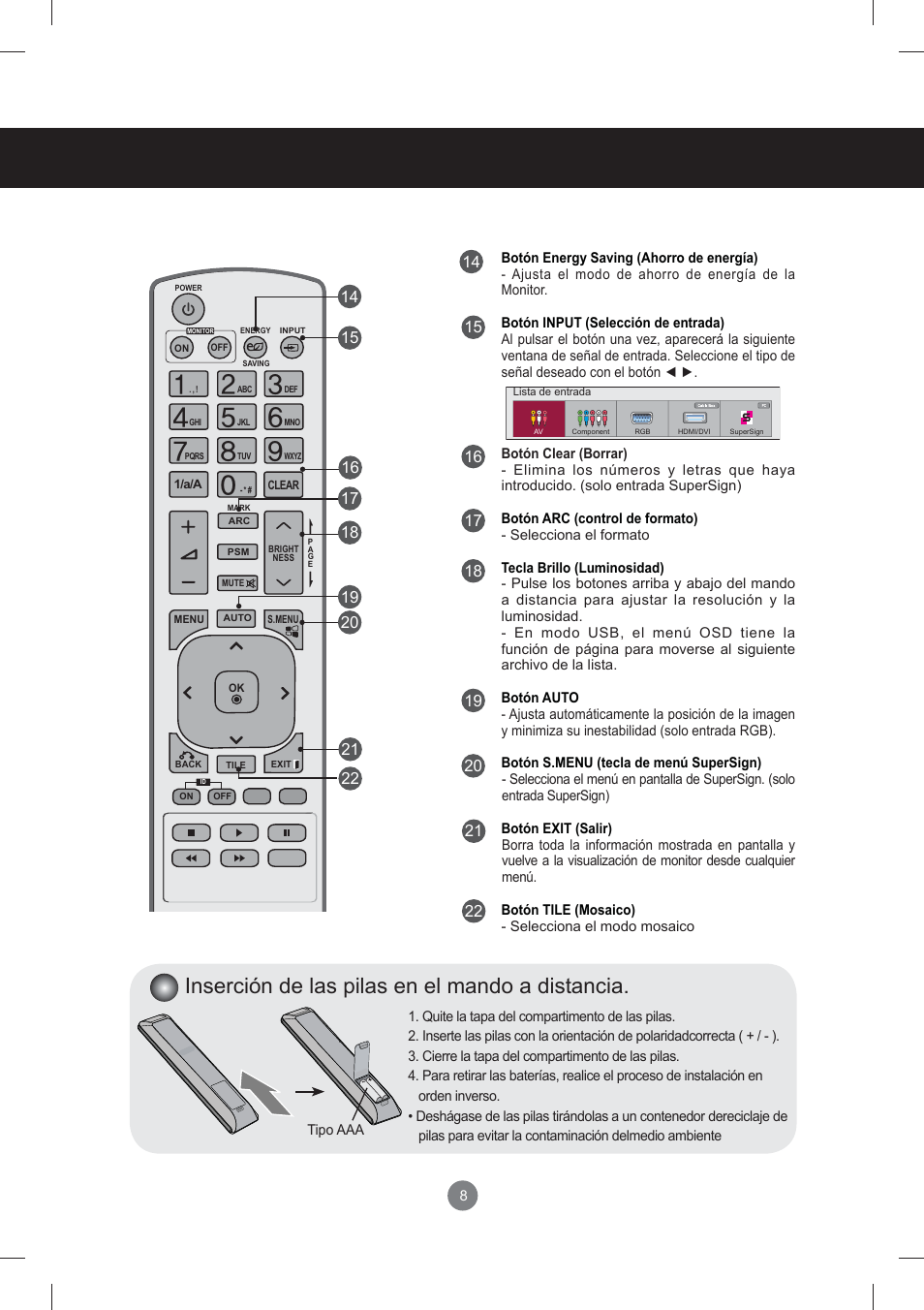 Using the remote control, Inserción de las pilas en el mando a distancia | LG monitor-M3704CCBA User Manual | Page 8 / 88