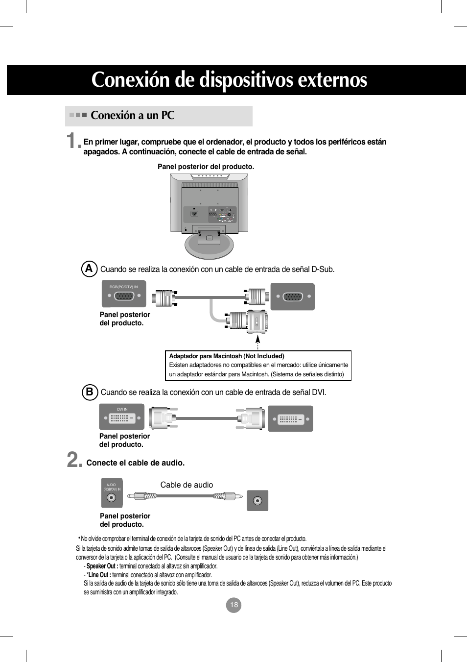 Conexión de dispositivos externos, Conexión a un pc, Conexión de dispositivos externos 1 | LG M208WA-BZ User Manual | Page 19 / 49
