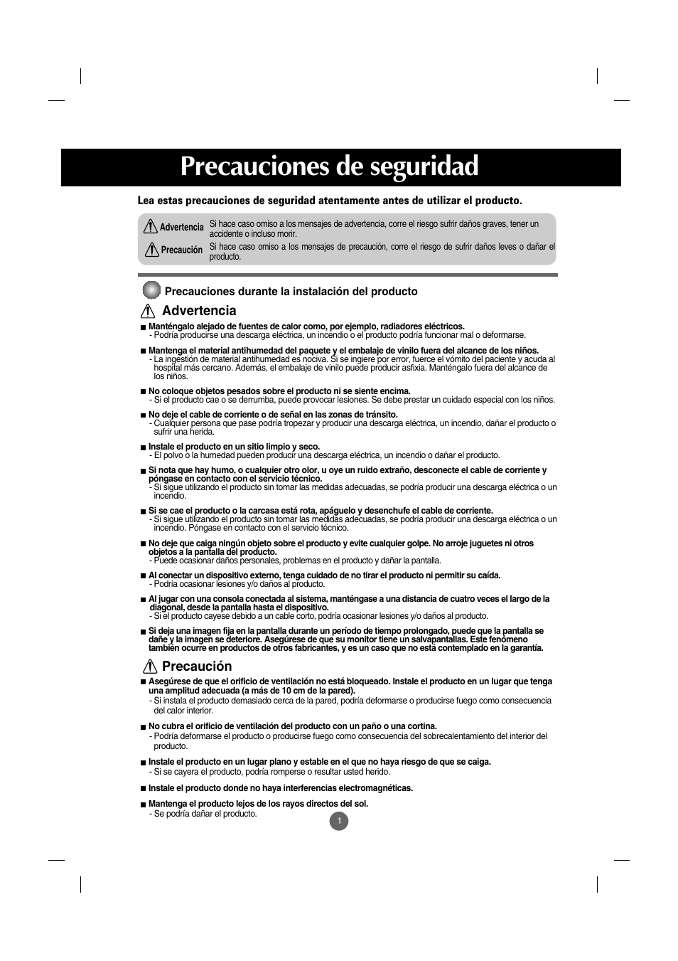 Precauciones de seguridad, Precauciones durante la instalación del producto, Advertencia precaución | LG M208WA-BZ User Manual | Page 2 / 49