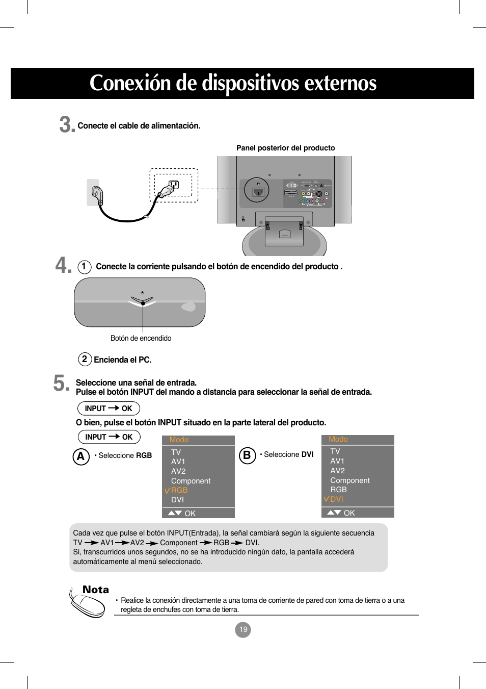 Conexión de dispositivos externos, Nota | LG M208WA-BZ User Manual | Page 20 / 49