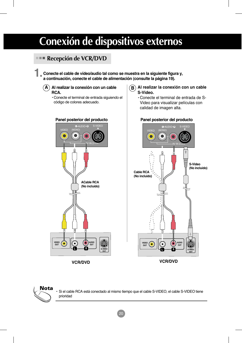 Recepción de vcr/dvd, Conexión de dispositivos externos, Nota | LG M208WA-BZ User Manual | Page 21 / 49