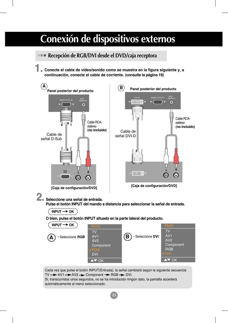 Recepción de rgb/dvi desde el dvd/caja receptora, Conexión de dispositivos externos | LG M208WA-BZ User Manual | Page 24 / 49