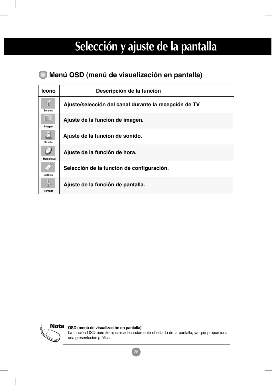 Menú osd (menú de visualización en pantalla), Selección y ajuste de la pantalla, Nota | LG M208WA-BZ User Manual | Page 29 / 49