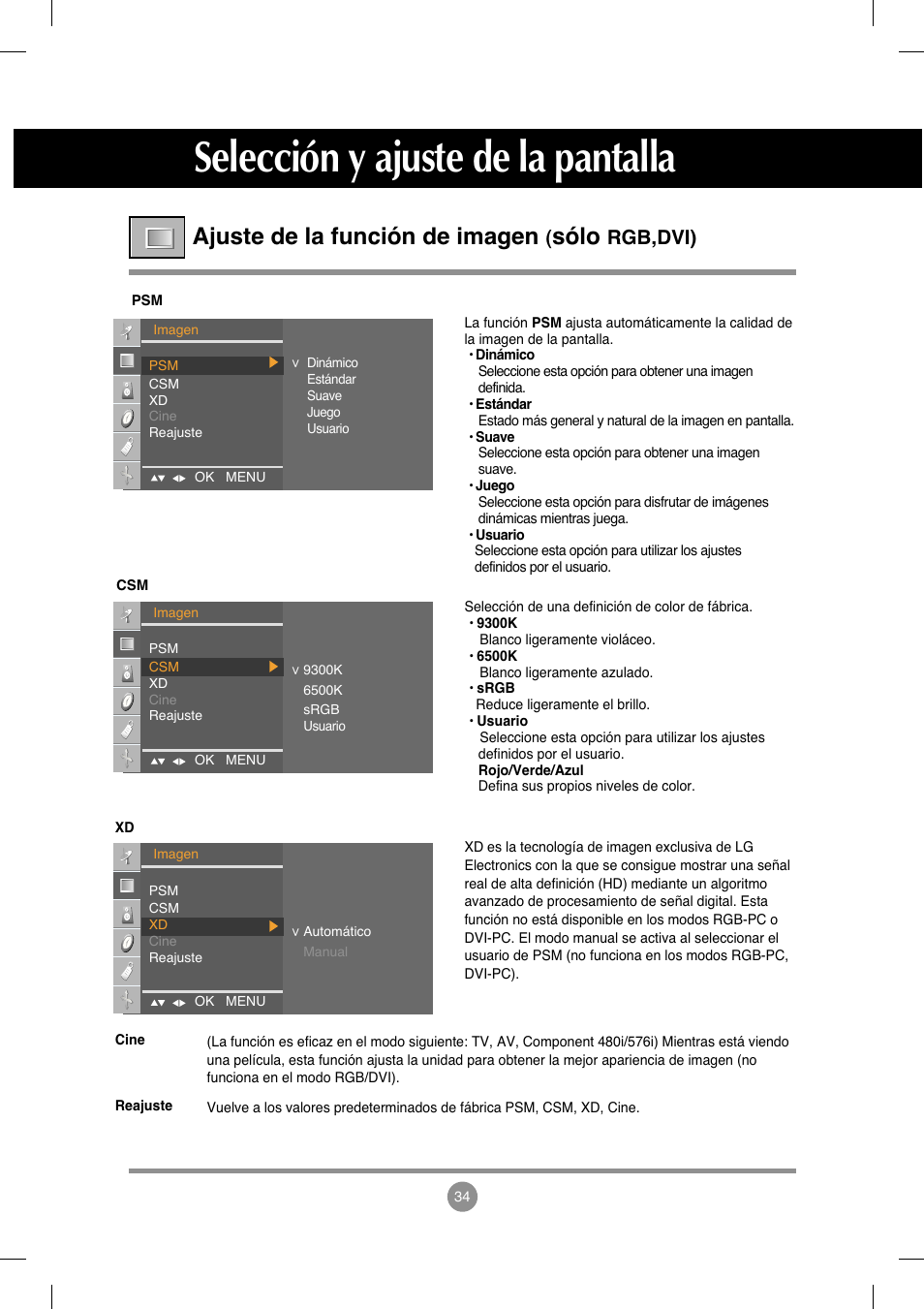 Ajuste de la función de imagen (sólo rgb,dvi), Selección y ajuste de la pantalla, Ajuste de la función de imagen | Sólo, Rgb,dvi) | LG M208WA-BZ User Manual | Page 35 / 49