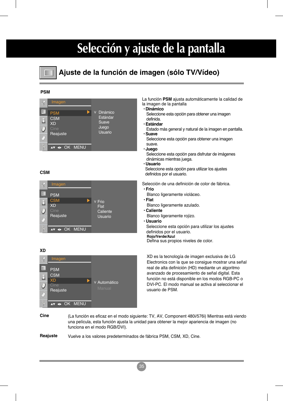 Ajuste de la función de imagen (sólo tv/vídeo), Selección y ajuste de la pantalla | LG M208WA-BZ User Manual | Page 36 / 49