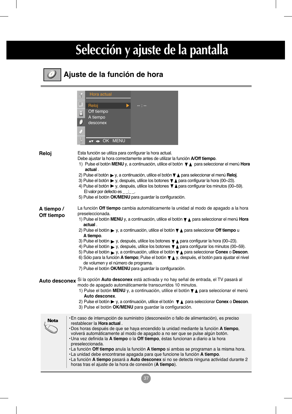 Ajuste de la función de hora, Selección y ajuste de la pantalla | LG M208WA-BZ User Manual | Page 38 / 49