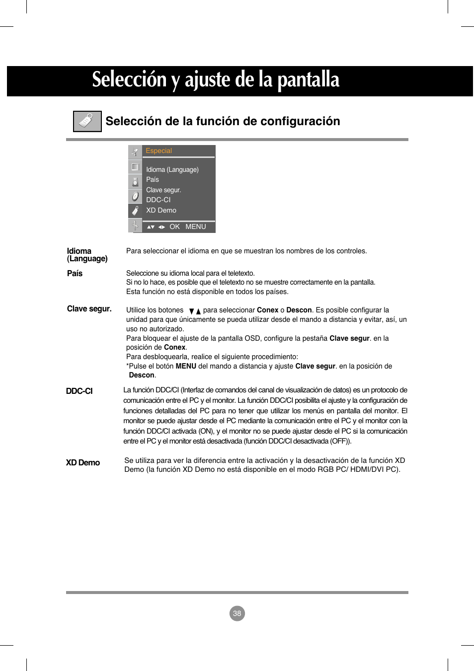 Selección de la función de configuración, Selección y ajuste de la pantalla | LG M208WA-BZ User Manual | Page 39 / 49