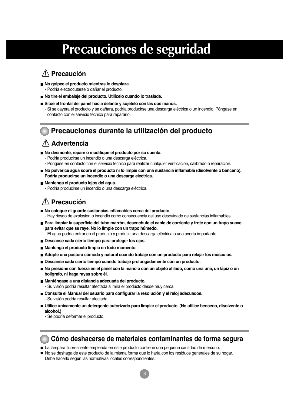 Precauciones durante la utilización del producto, Precauciones de seguridad, Precaución | Advertencia | LG M208WA-BZ User Manual | Page 4 / 49