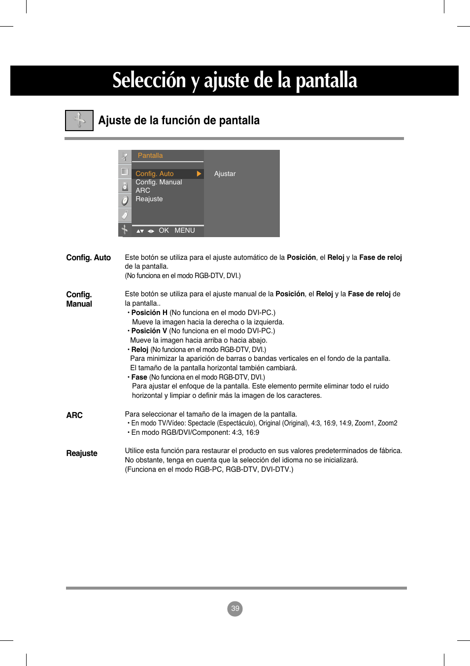 Ajuste de la función de pantalla, Selección y ajuste de la pantalla | LG M208WA-BZ User Manual | Page 40 / 49