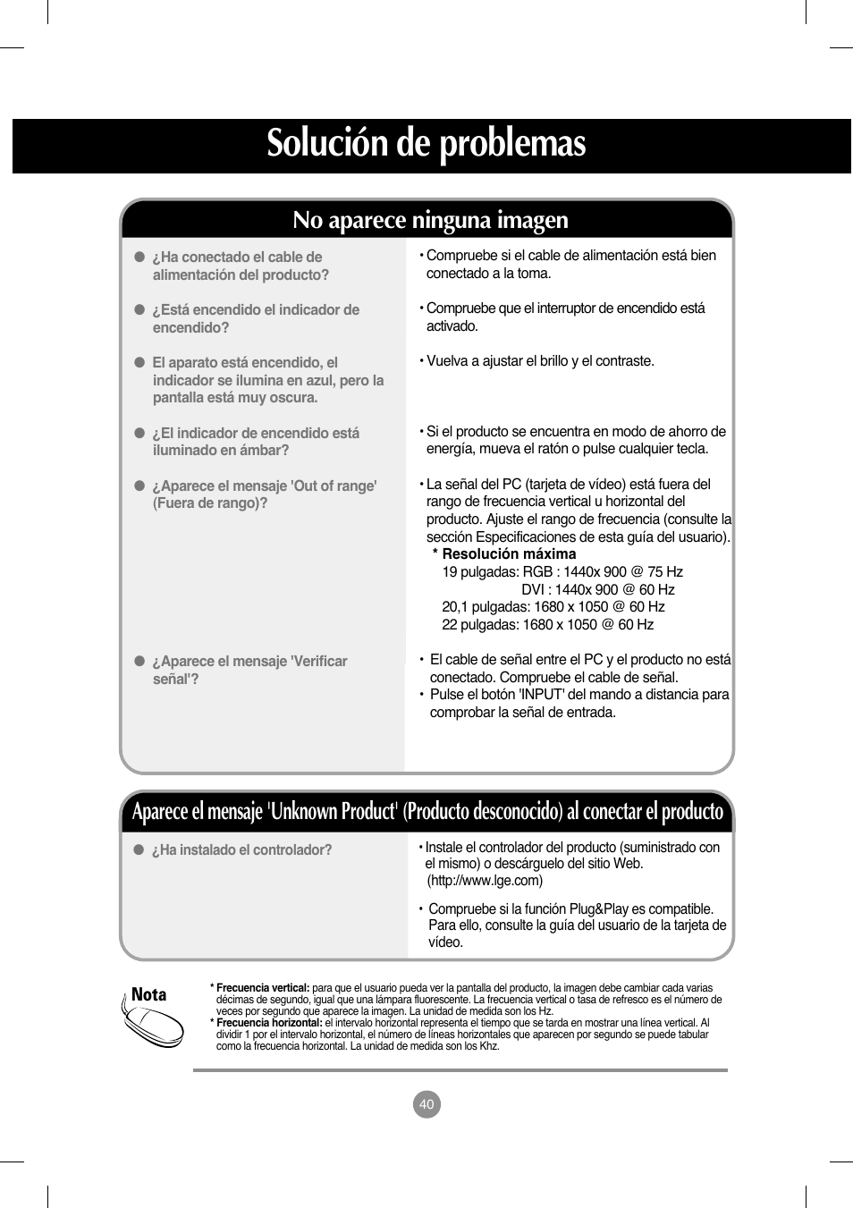 Solución de problemas, No aparece ninguna imagen | LG M208WA-BZ User Manual | Page 41 / 49