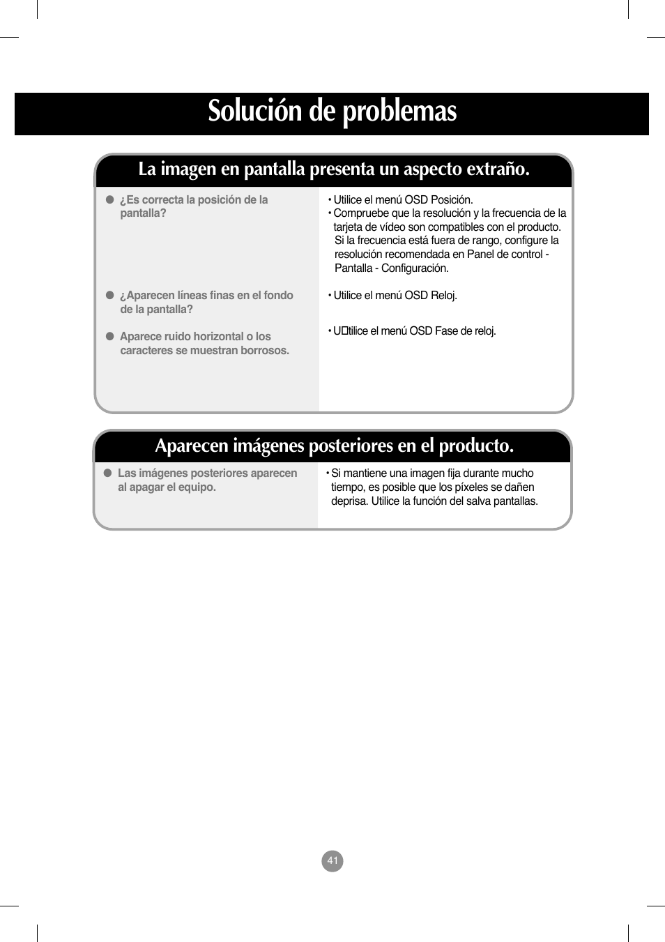 La imagen en pantalla presenta un aspecto extraño, Aparecen imágenes posteriores en el producto, Solución de problemas | LG M208WA-BZ User Manual | Page 42 / 49