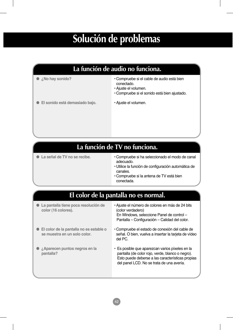 La función de audio no funciona, La función de tv no funciona, El color de la pantalla no es normal | Solución de problemas | LG M208WA-BZ User Manual | Page 43 / 49