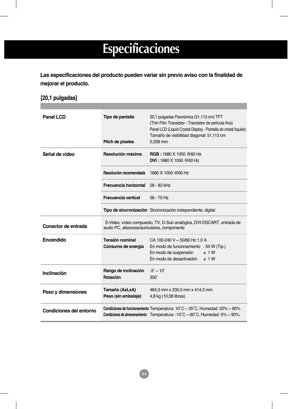 20,1 pulgadas, Especificaciones | LG M208WA-BZ User Manual | Page 45 / 49