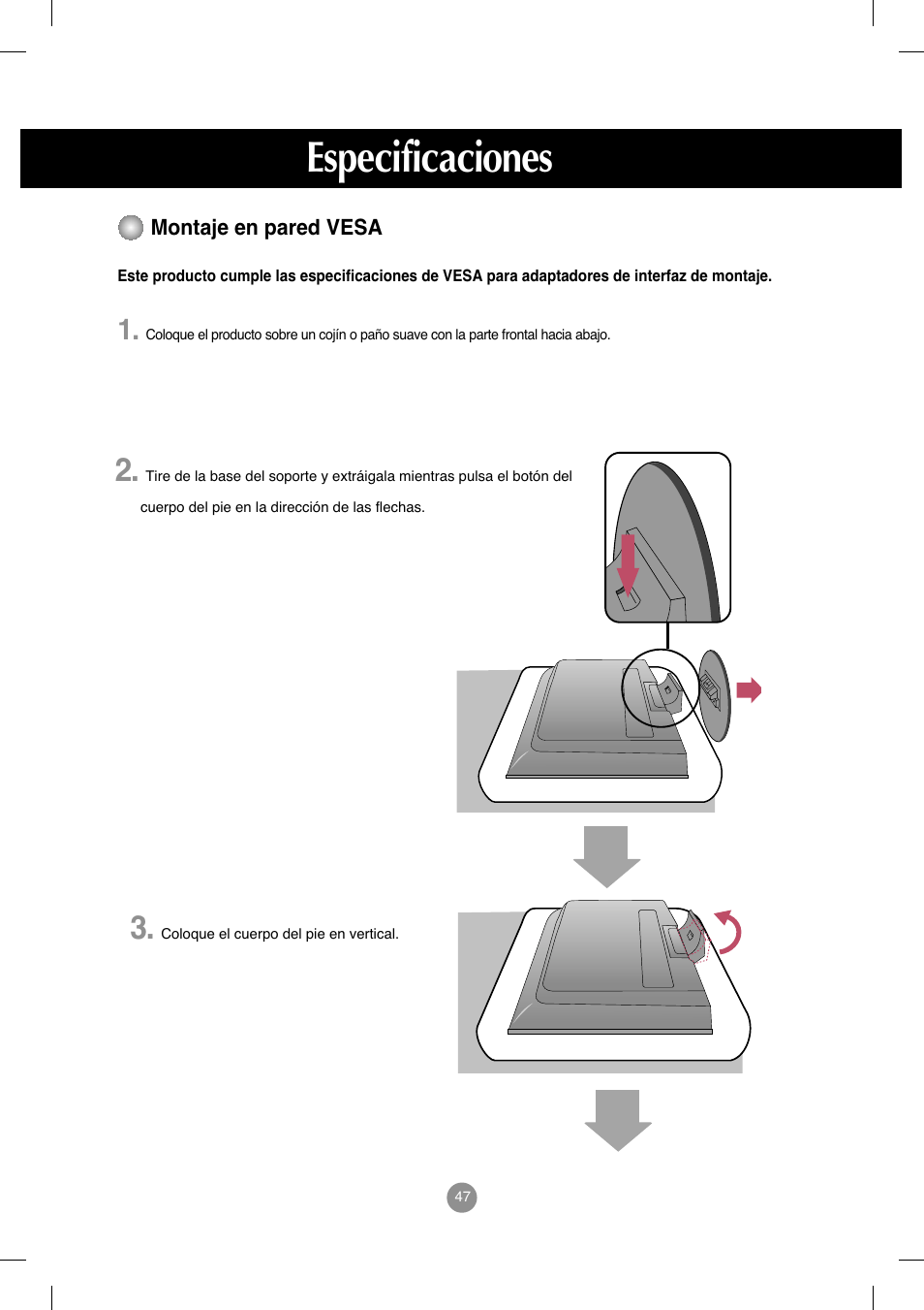 Montaje en pared vesa, Especificaciones | LG M208WA-BZ User Manual | Page 48 / 49