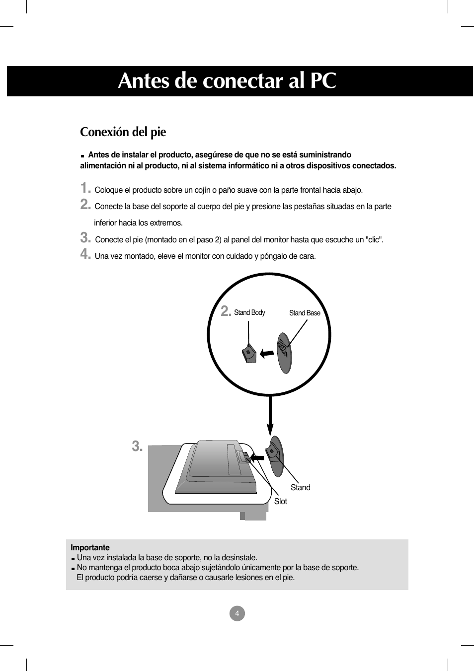 Antes de conectar al pc, Conexión del pie | LG M208WA-BZ User Manual | Page 5 / 49