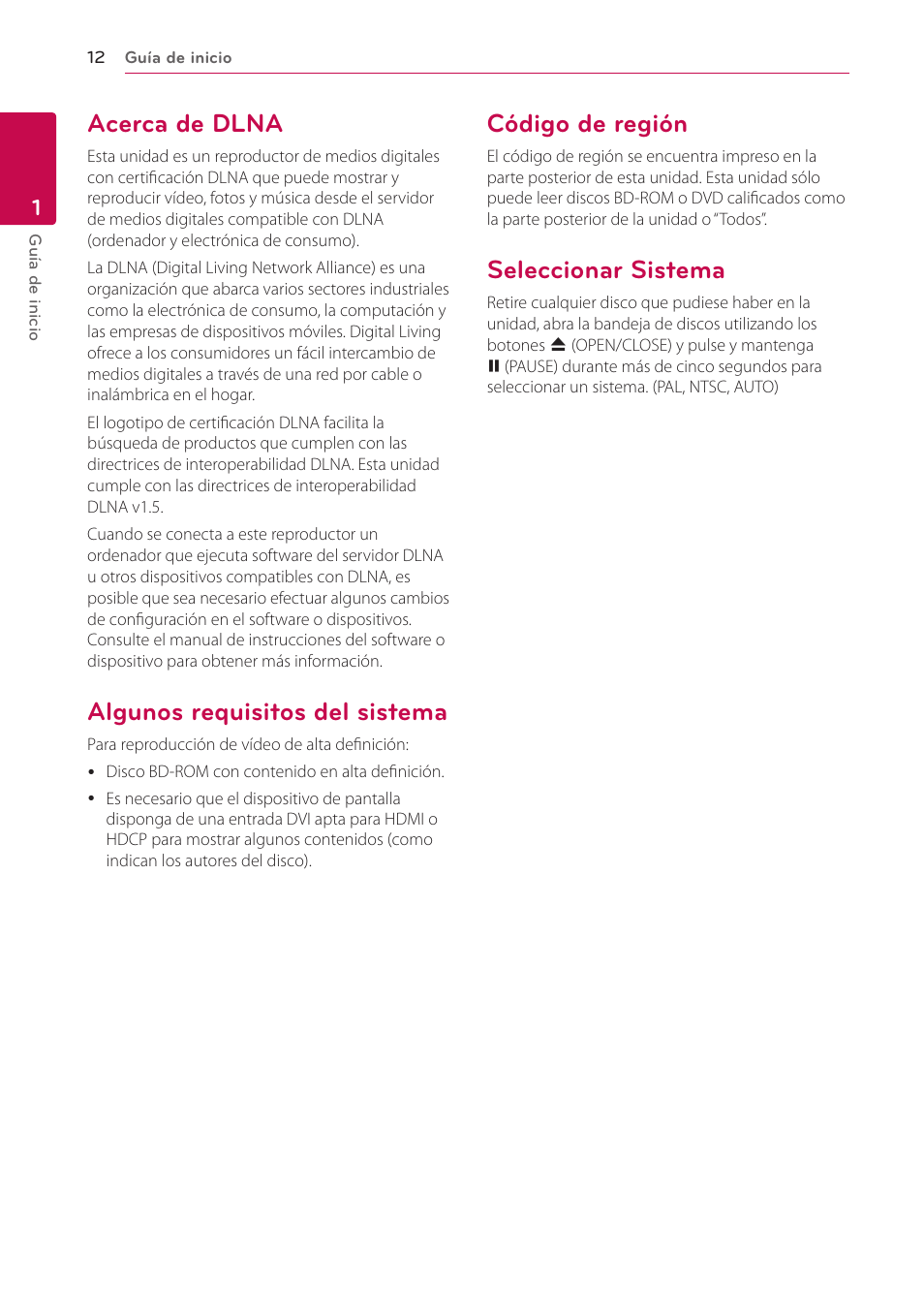 Acerca de dlna, Algunos requisitos del sistema, Código de región | Seleccionar sistema | LG BH6220S User Manual | Page 12 / 74
