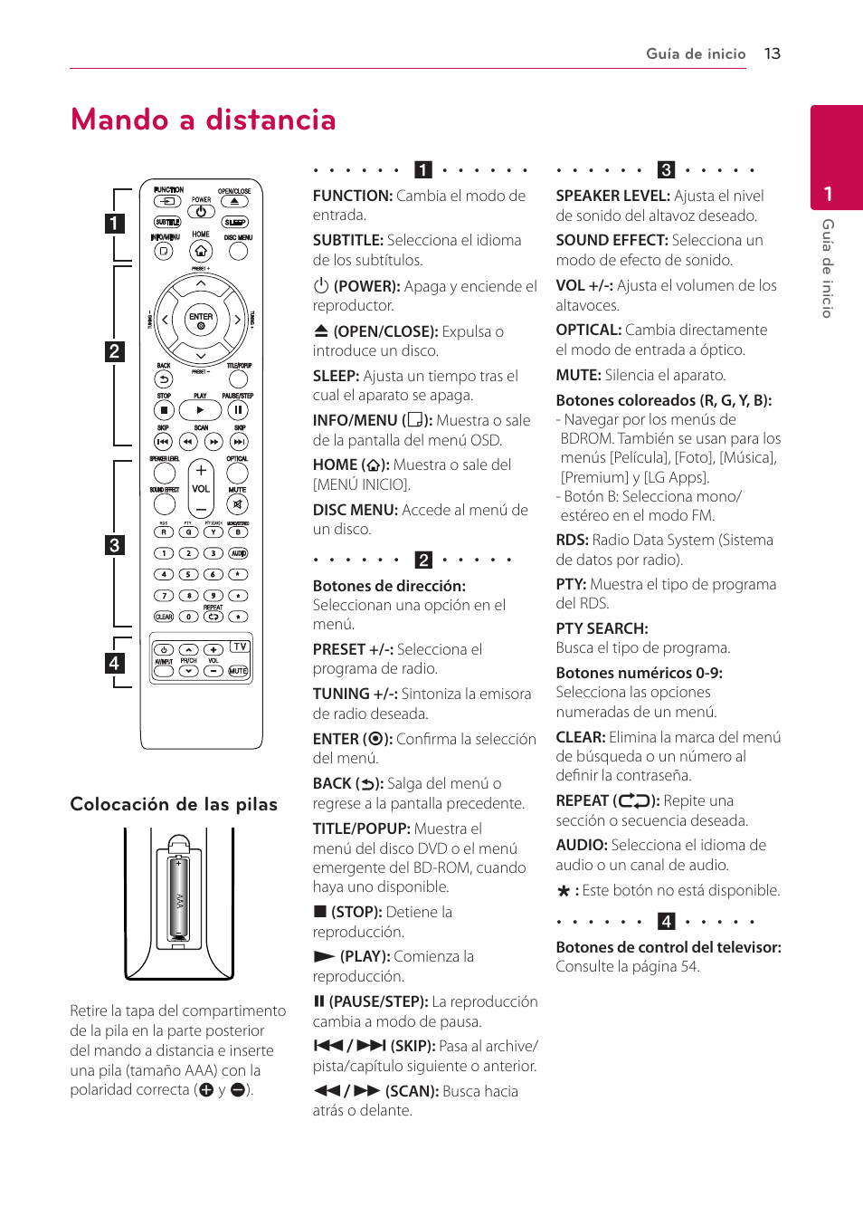 Mando a distancia, Colocación de las pilas | LG BH6220S User Manual | Page 13 / 74