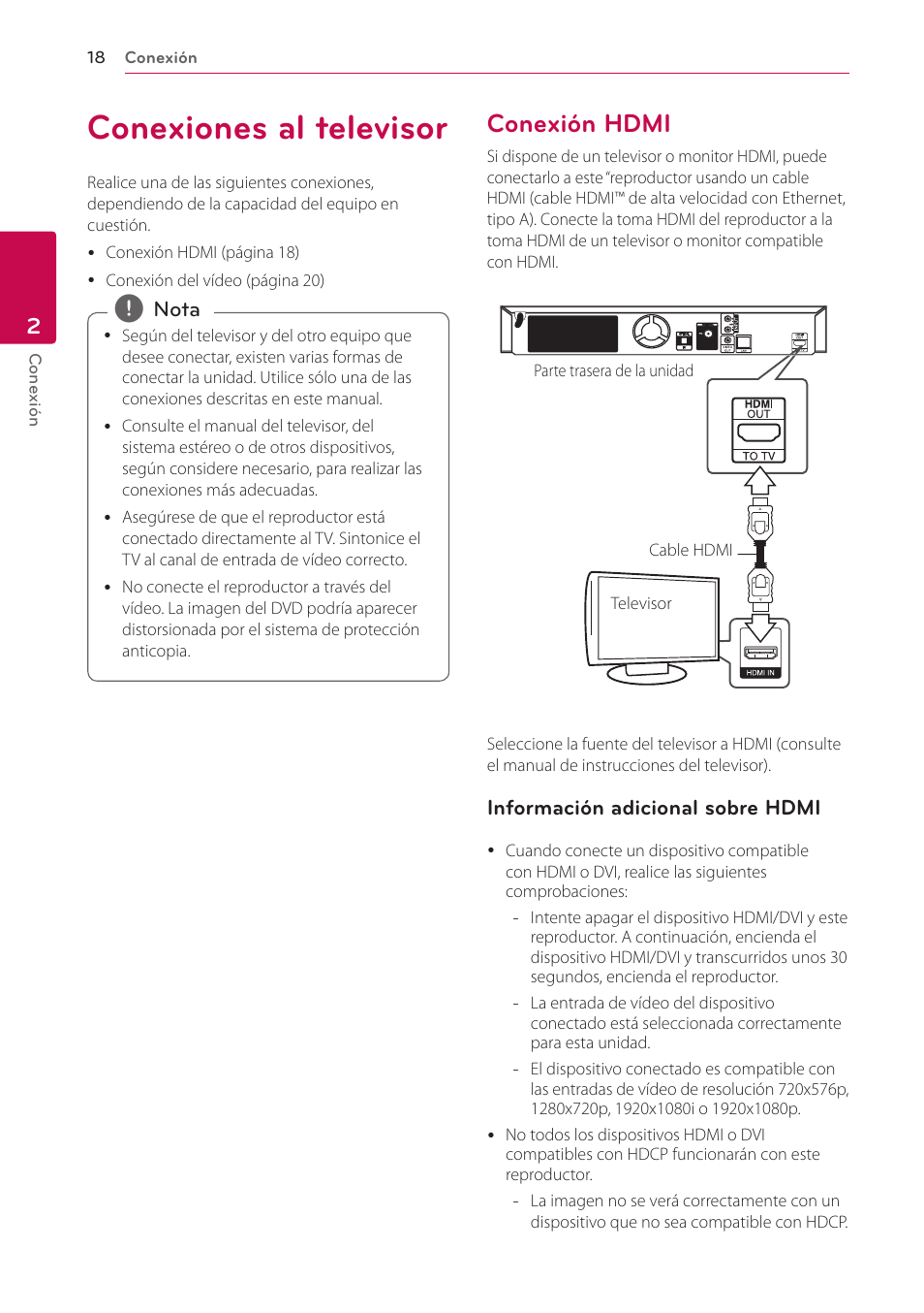 Conexiones al televisor, Conexión hdmi, 18 conexiones al televisor 18 – conexión hdmi | LG BH6220S User Manual | Page 18 / 74