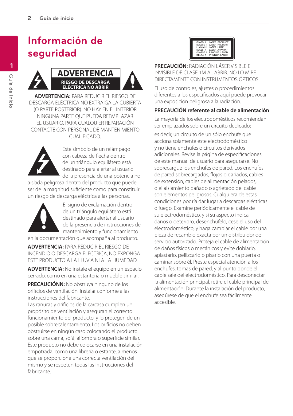 1 guía de inicio, Información de seguridad, Advertencia | LG BH6220S User Manual | Page 2 / 74