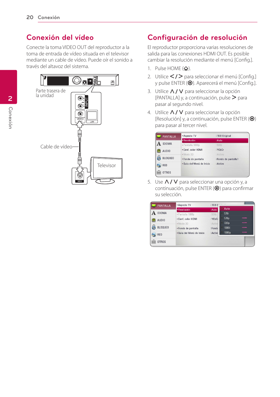 Conexión del vídeo, Configuración de resolución | LG BH6220S User Manual | Page 20 / 74