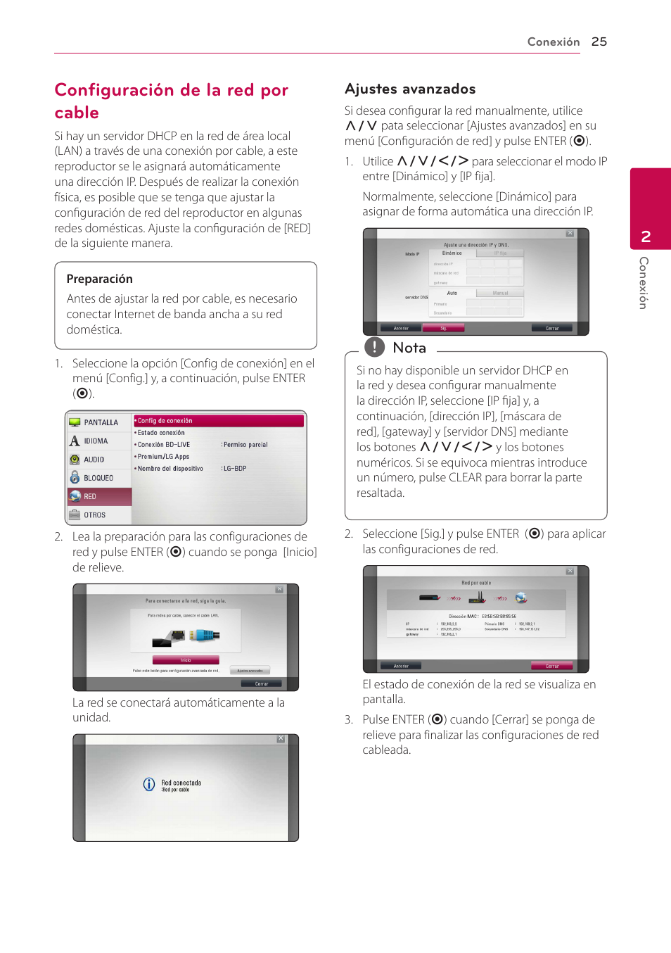 Configuración de la red por cable, 25 – configuración de la red por cable | LG BH6220S User Manual | Page 25 / 74
