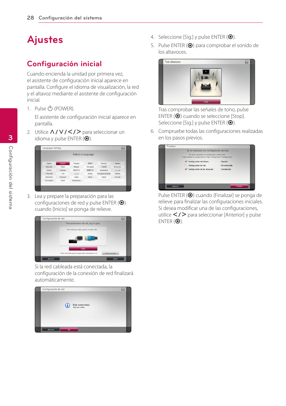 3 configuración del sistema, Ajustes, Configuración inicial | 28 ajustes 28 – configuración inicial | LG BH6220S User Manual | Page 28 / 74