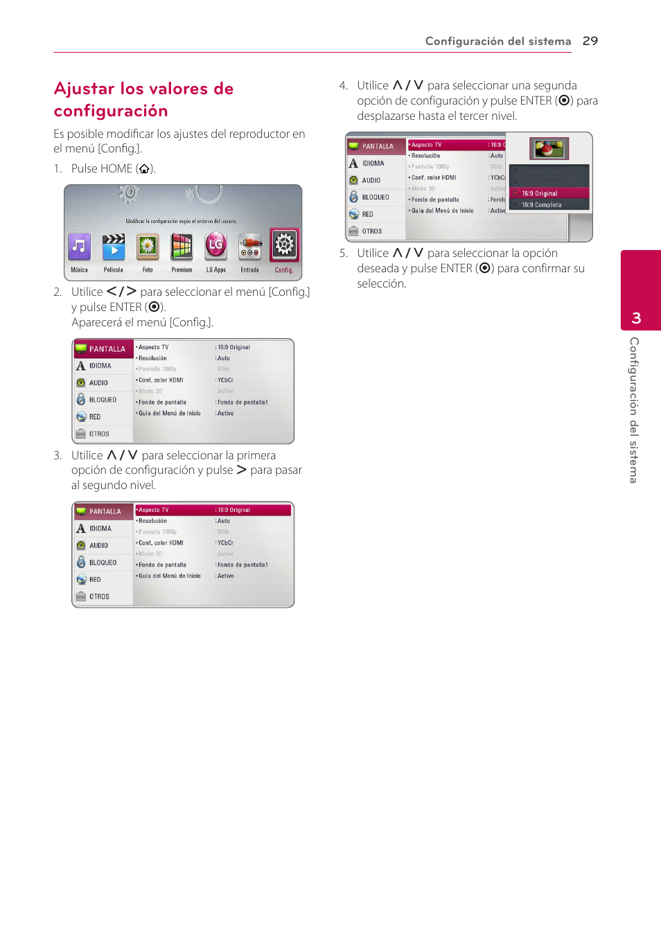 Ajustar los valores de configuración, 29 – ajustar los valores de configuración | LG BH6220S User Manual | Page 29 / 74