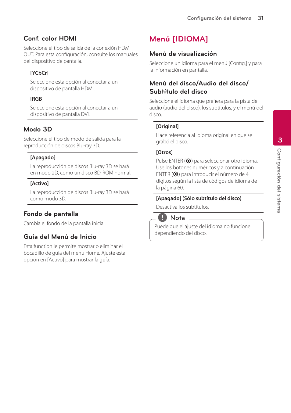 Menú [idioma, 31 – menú [idioma | LG BH6220S User Manual | Page 31 / 74