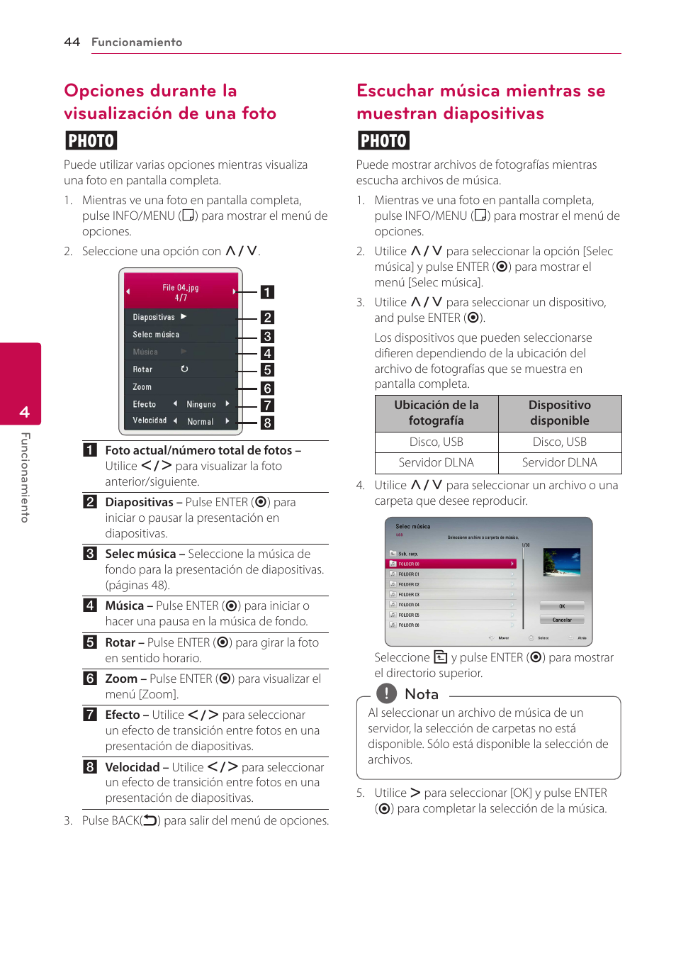 Opciones durante la visualización de una foto, Escuchar música mientras se muestran diapositivas, 44 – opciones durante la visualización de | Una foto, 44 – escuchar música mientras se, Muestran diapositivas, Opciones durante la visualización de una foto i | LG BH6220S User Manual | Page 44 / 74