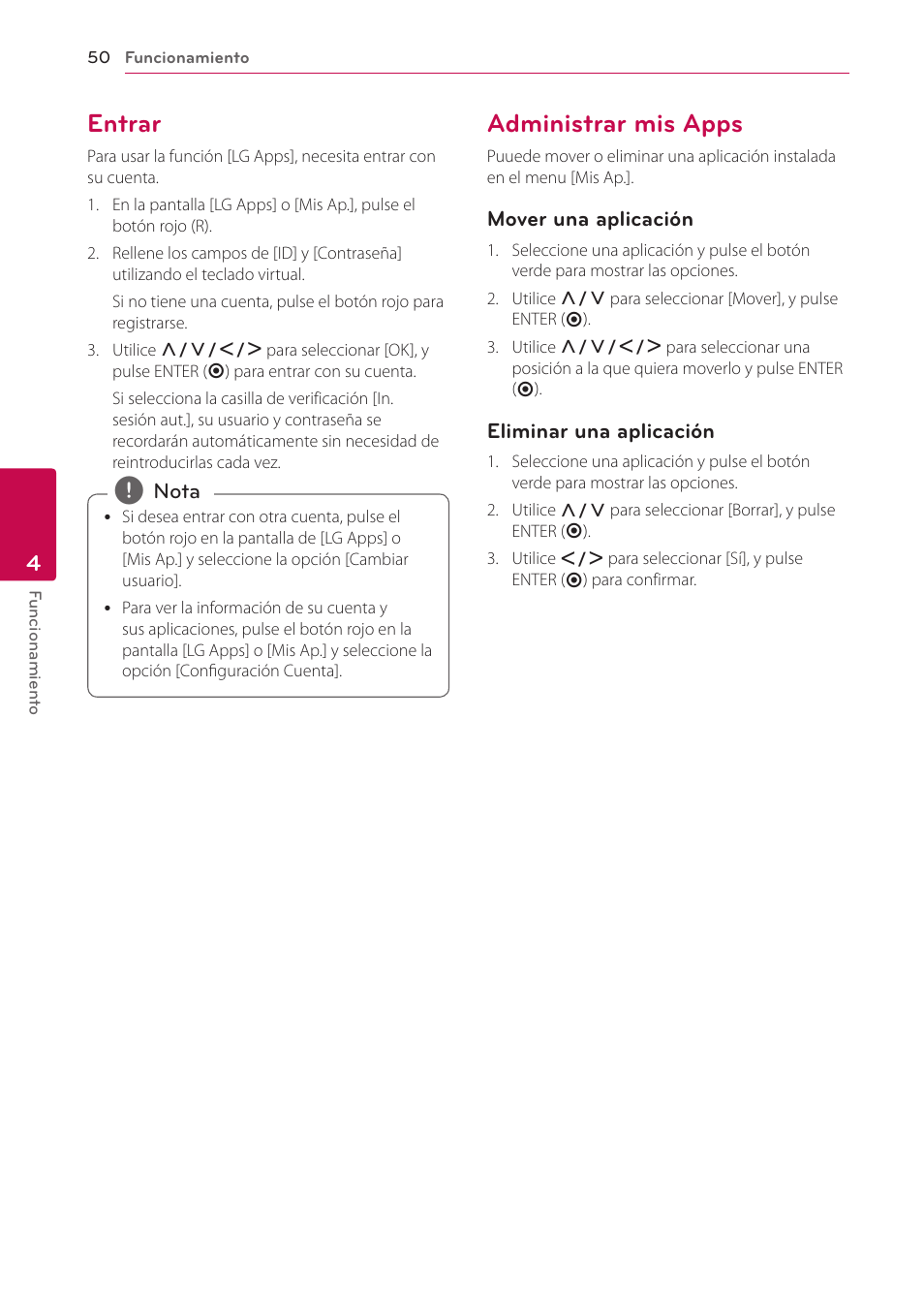 Entrar, Administrar mis apps, 50 – entrar 50 – administrar mis apps | LG BH6220S User Manual | Page 50 / 74