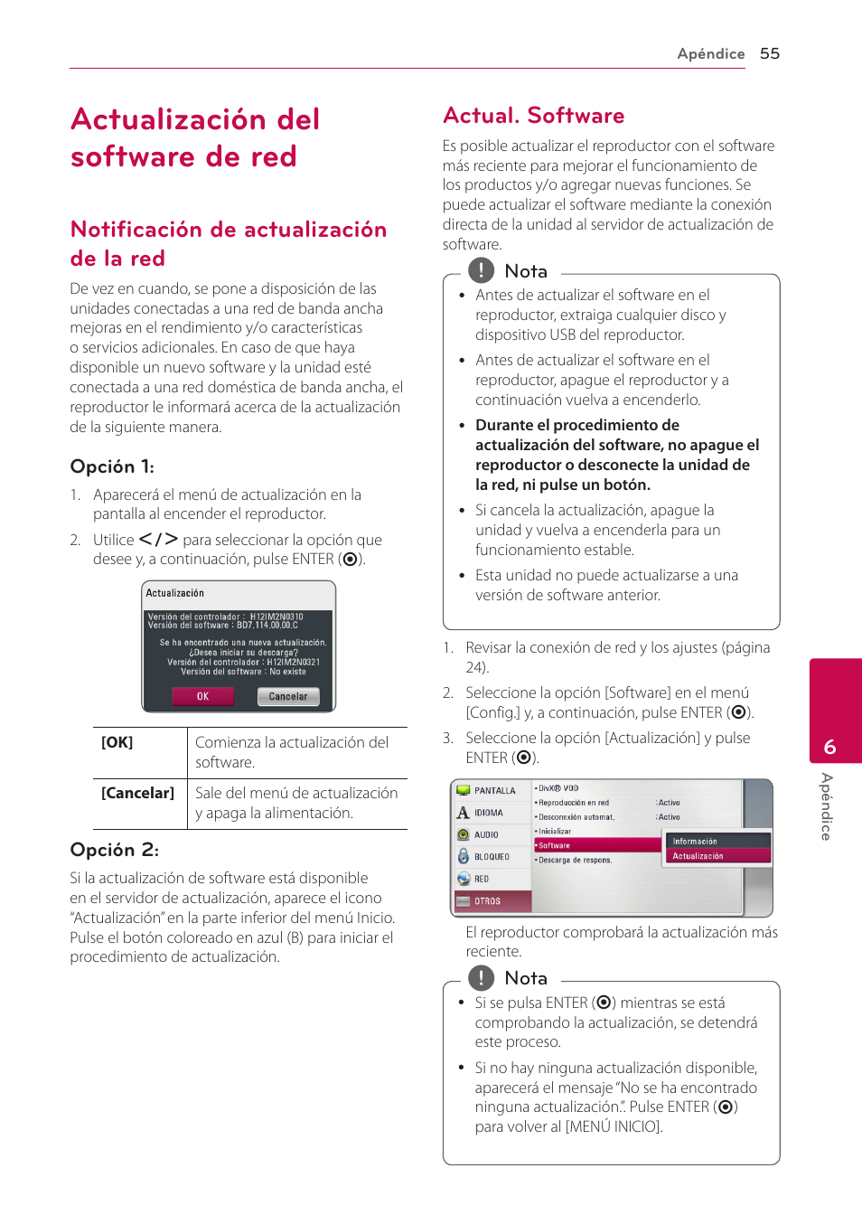 Actualización del software de red, Notificación de actualización de la red, Actual. software | LG BH6220S User Manual | Page 55 / 74