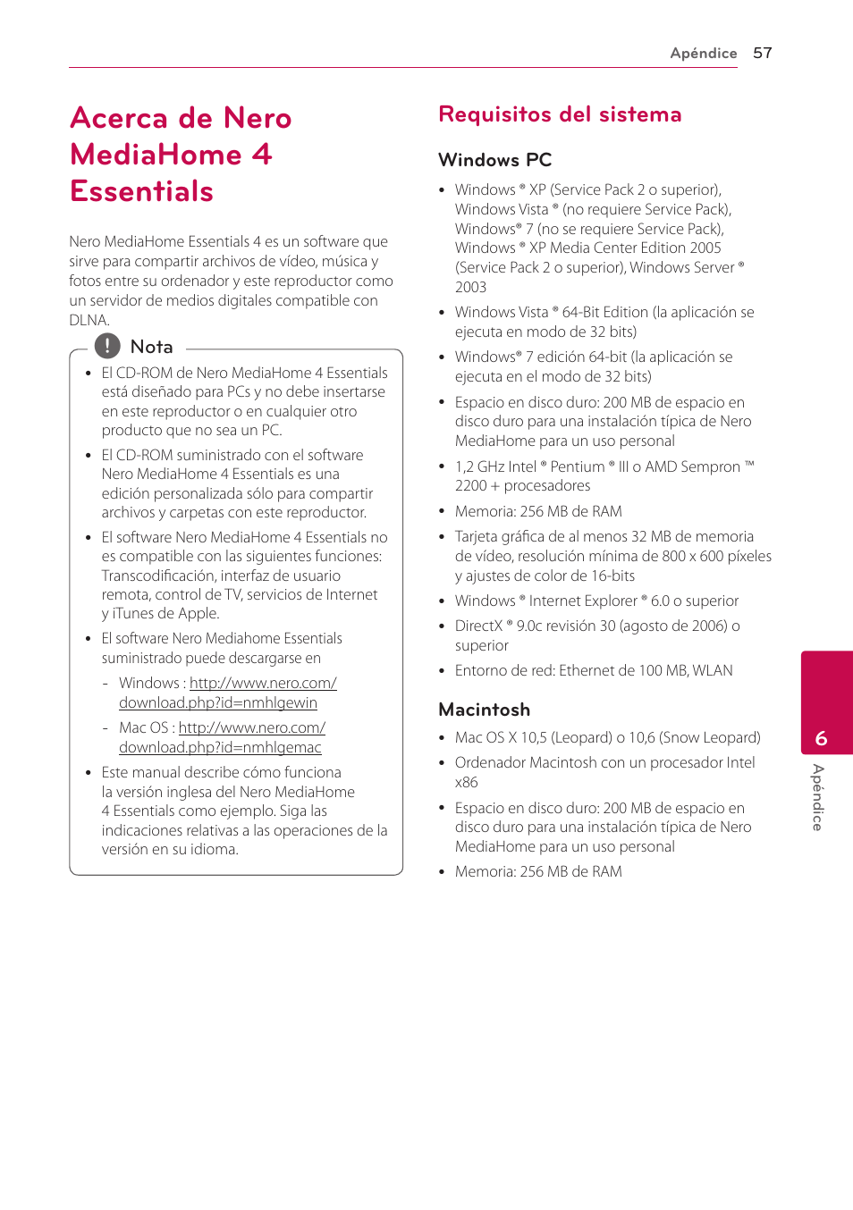 Acerca de nero mediahome 4 essentials, Requisitos del sistema | LG BH6220S User Manual | Page 57 / 74