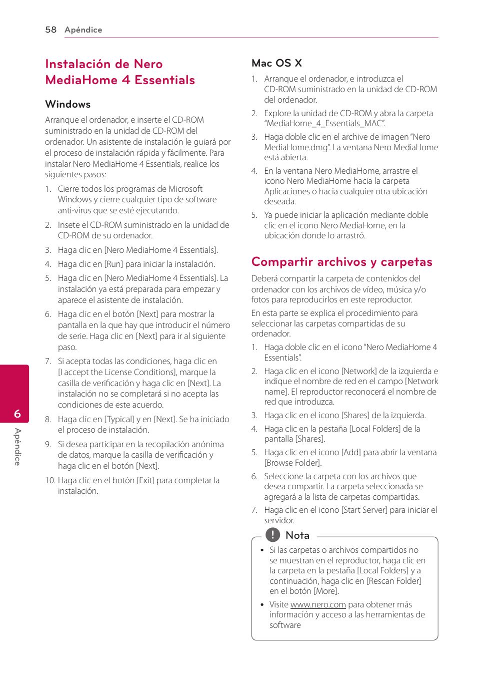 Instalación de nero mediahome 4 essentials, Compartir archivos y carpetas, 58 – instalación de nero mediahome 4 | Essentials, 58 – compartir archivos y carpetas | LG BH6220S User Manual | Page 58 / 74