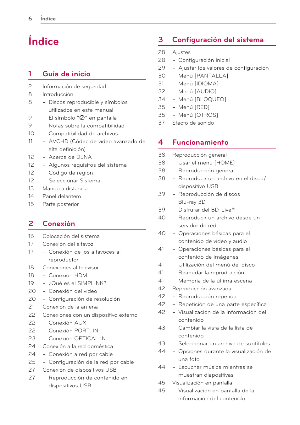 Índice, 1 guía de inicio, 2 conexión | 3 configuración del sistema, 4 funcionamiento | LG BH6220S User Manual | Page 6 / 74