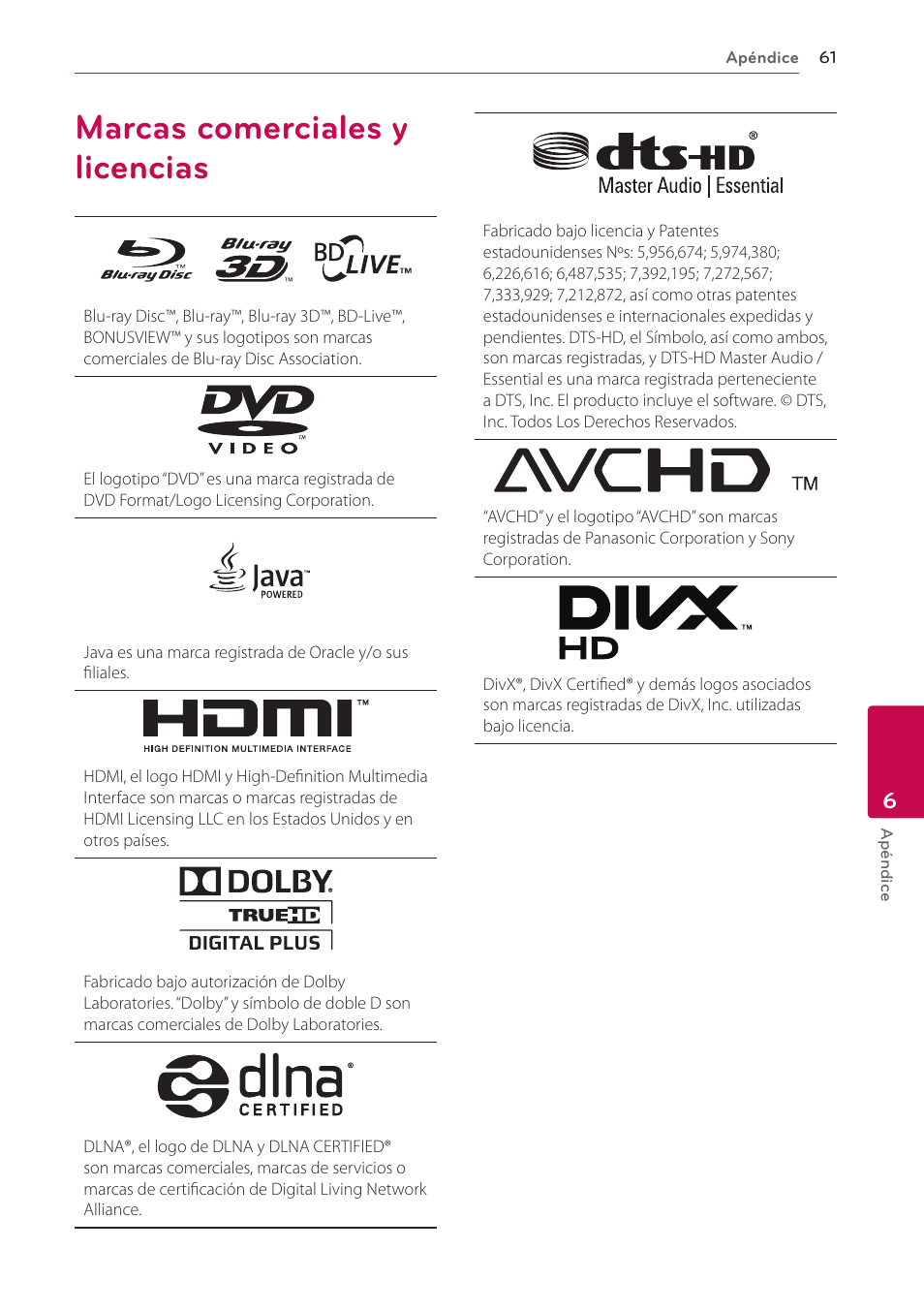 Marcas comerciales y licencias | LG BH6220S User Manual | Page 61 / 74