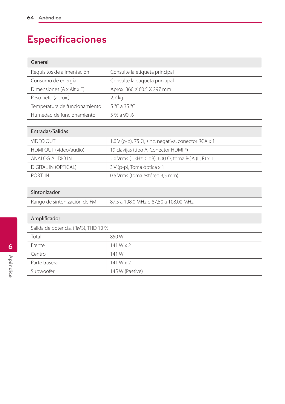 Especificaciones, 64 especificaciones | LG BH6220S User Manual | Page 64 / 74