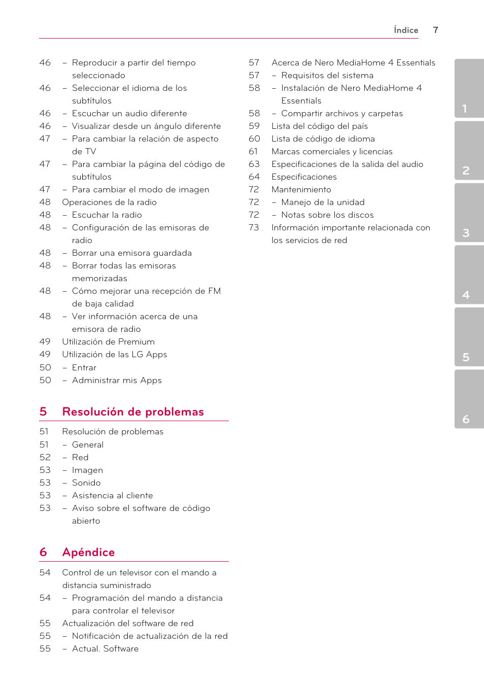 5 resolución de problemas, 6 apéndice | LG BH6220S User Manual | Page 7 / 74