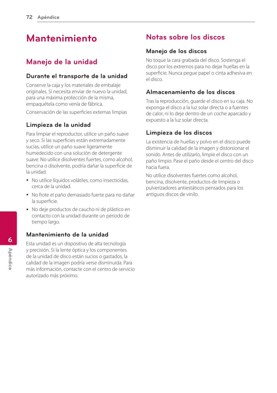 Mantenimiento, Manejo de la unidad, Notas sobre los discos | LG BH6220S User Manual | Page 72 / 74