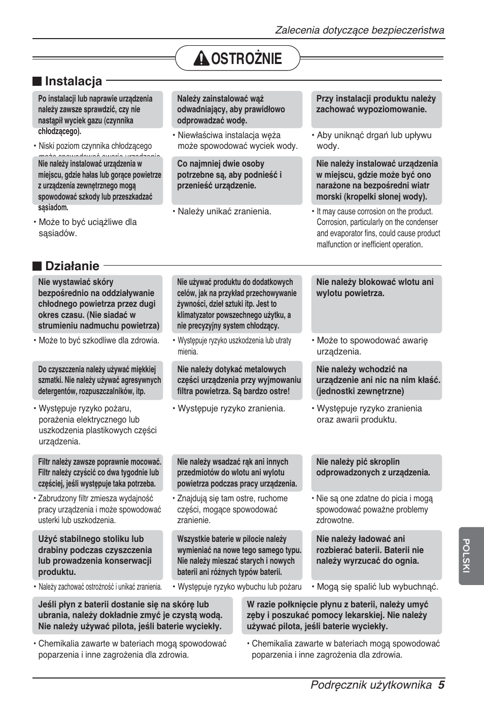 Ostrożnie, N instalacja, N działanie | Podręcznik użytkownika 5 | LG ARNU76GB8Z2 User Manual | Page 101 / 205