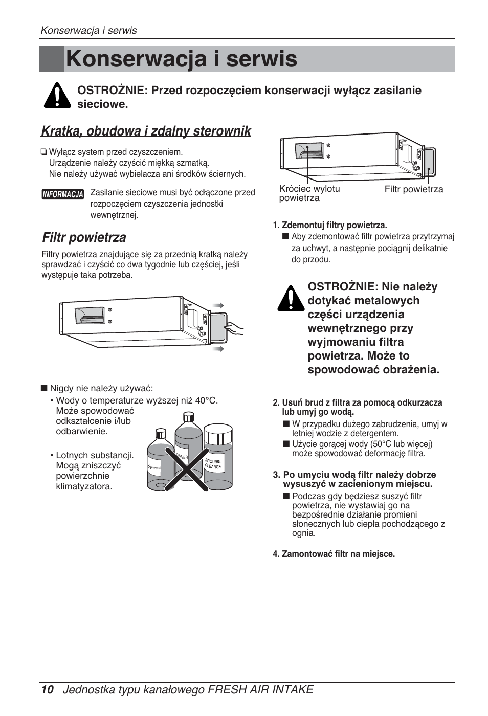 Konserwacja i serwis, Kratka, obudowa i zdalny sterownik, Filtr powietrza | 10 jednostka typu kanałowego fresh air intake | LG ARNU76GB8Z2 User Manual | Page 106 / 205