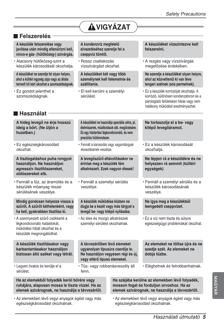 Vigyázat, N felszerelés, N használat | Használati útmutató 5 | LG ARNU76GB8Z2 User Manual | Page 113 / 205