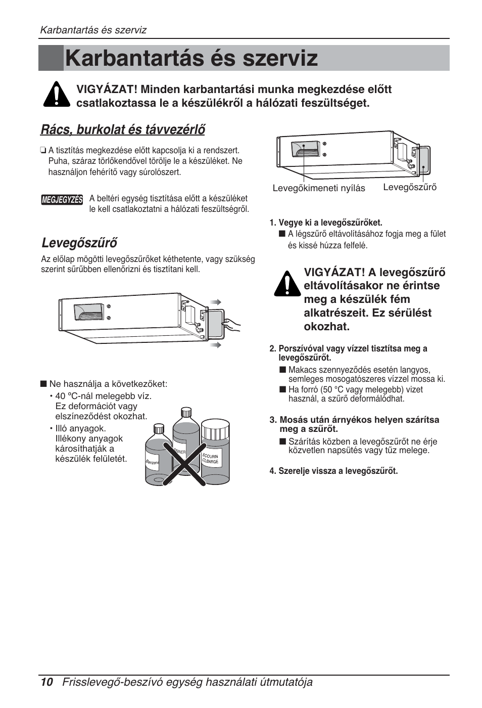 Karbantartás és szerviz, Rács, burkolat és távvezérlő, Levegőszűrő | LG ARNU76GB8Z2 User Manual | Page 118 / 205